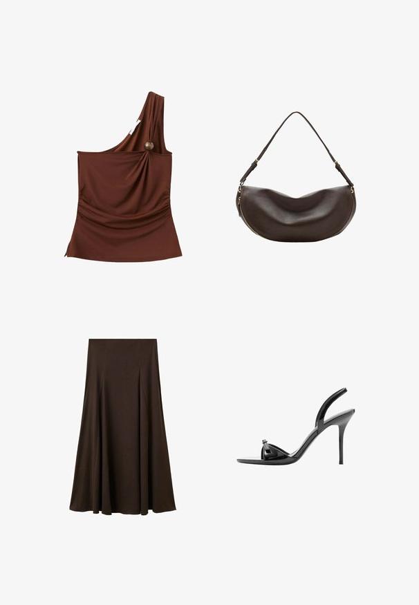 Haut asymétrique marron sans manches avec un seul bouton en bois rassemblant le tissu à l'épaule.; Jupe longue marron en tissu doux et lisse. Elle présente des plis subtils, un design simple et une taille élastique pour le confort.; Sandale noire en cuir verni à talon haut avec talon aiguille fin, bout ouvert et fine bride sur le dessus du pied et autour de la cheville.; Sac à bandoulière en cuir marron foncé avec une forme courbée, une sangle réglable et une fermeture éclair dorée le long du bord inférieur.