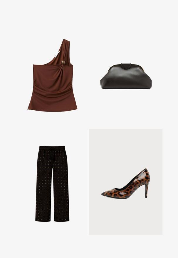 Haut asymétrique marron sans manches avec un seul bouton en bois rassemblant le tissu à l'épaule.; Pantalon ample noir avec une taille élastique, cordons de serrage et un motif de petits points dorés régulièrement espacés.; Chaussure à talon haut brillant à bout pointu avec un motif léopard marron et noir sur un fond clair uni.; Pochette en cuir noir souple avec un cadre arrondi et une petite fermeture à languette en haut au centre.