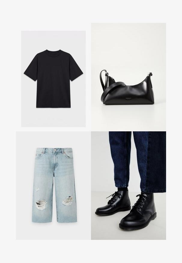 Sort T-shirt med korte ærmer og rund hals, lagt fladt på en hvid baggrund, vist forfra uden synlige logoer eller designs.; Lyseblå denimshorts med løs pasform, der har to store slidte huller foran. Fem lommer og en synlig metalknaplukning.; Sorte ankelstøvler i læder med runde snuder, snørelukning, sølvfarvede forskruninger og teksturerede såler, kombineret med mørkeblå denimjeans.; Sort læderhåndtaske med en glat tekstur. Har en justerbar stropp og et enkelt, minimalistisk design med lynlås.