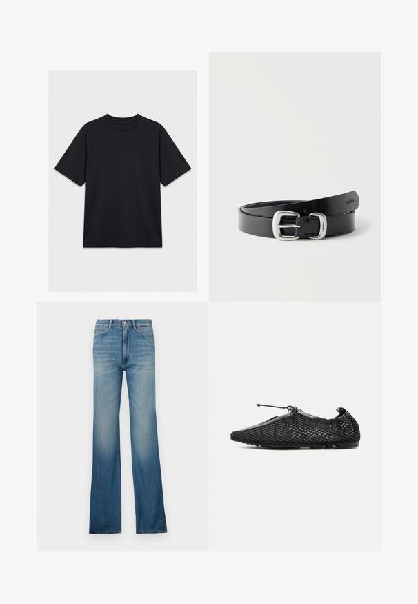 Zwart T-shirt met korte mouwen en ronde hals, plat gelegd op een witte achtergrond, vooraanzicht zonder zichtbare logo's of ontwerpen.; Blauwe denim flared jeans met een lichte wassing, voorzien van traditionele vijf-pocket styling en een knoopgulp. Rechte pijpen.; Zwarte mesh instapschoen met dunne zool en verstelbare veter bovenaan gestrikt, in profiel getoond tegen een witte achtergrond.; Zwarte leren riem opgerold met zilveren metalen gesp gegraveerd met "Calvin Klein" tegen een effen witte achtergrond.