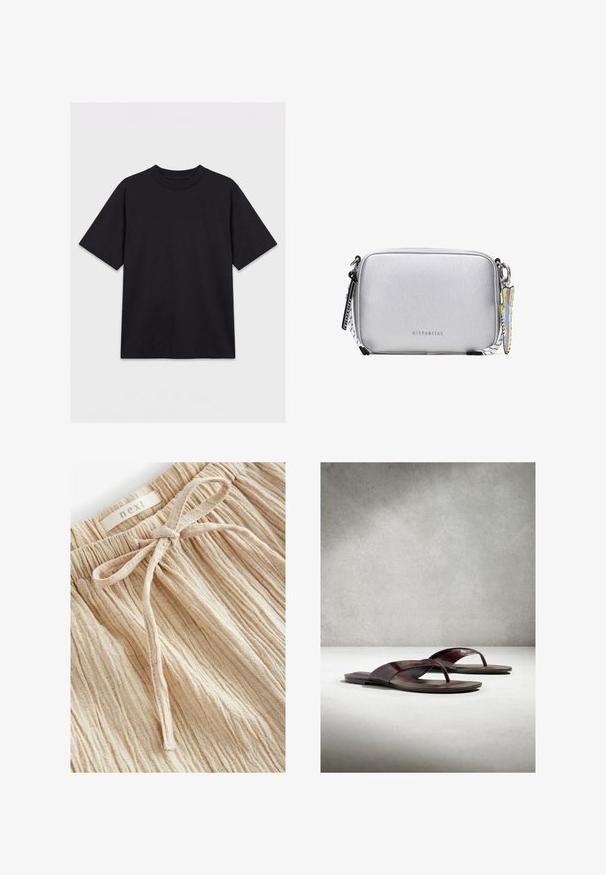 Sort T-shirt med korte ærmer og rund hals, lagt fladt på en hvid baggrund, vist forfra uden synlige logoer eller designs.; Beige teksturerede shorts med en samlet talje og en frontbinding, lavet af let stof med fine, lodrette linjer.; Mørkebrune læder-fladsandaler med en rem mellem tæerne, vist side om side på en lys overflade med en ensartet grå baggrund.; Sølvtekstureret rektangulær crossbody-taske med lynlås, sort og hvid rem, "HISPANITAS"-logo og farverig nøgleringsvedhæng.