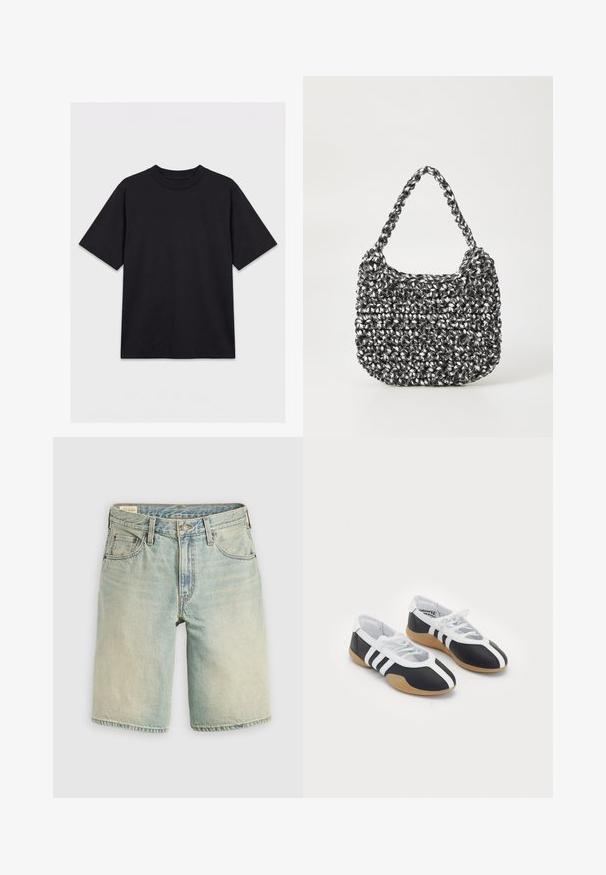 Zwart T-shirt met korte mouwen en ronde hals, plat gelegd op een witte achtergrond, vooraanzicht zonder zichtbare logo's of ontwerpen.; Lichtblauwe denimshorts met een losse pasvorm, vijf zakken, knoopsluiting aan de voorkant en een nette zoom. Versleten textuur met subtiele vervaging.; Zwart-witte sport schoenen met een slank ontwerp, rubberen zool, vetersluiting en drie witte strepen aan de zijkanten.; Geweven handtas in zwart en wit met een ronde vorm, gestructureerd oppervlak en een gevlochten handvat. Geschikt voor dagelijks gebruik.