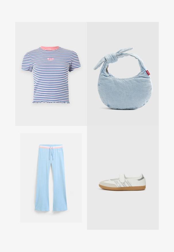 Kortærmet ribstrikket top med vandrette blå, hvide og pink striber, pink krave, lille pink logo på brystet og bølget kant.; Lyseblå, flagrende sweatpants med snor i taljen. Har en pink og hvid stribet accent samt broderet logo. Blød stoftekstur.; Hvid sneaker med sølvstriber, ruskindsspids og velcrolukning. Sål af tekstureret gummimateriale. Minimalistisk design med glat finish.; Lyseblå denim skuldertaske med knudedetalje på håndtaget og en lille rød Levi's-mærkat på siden.