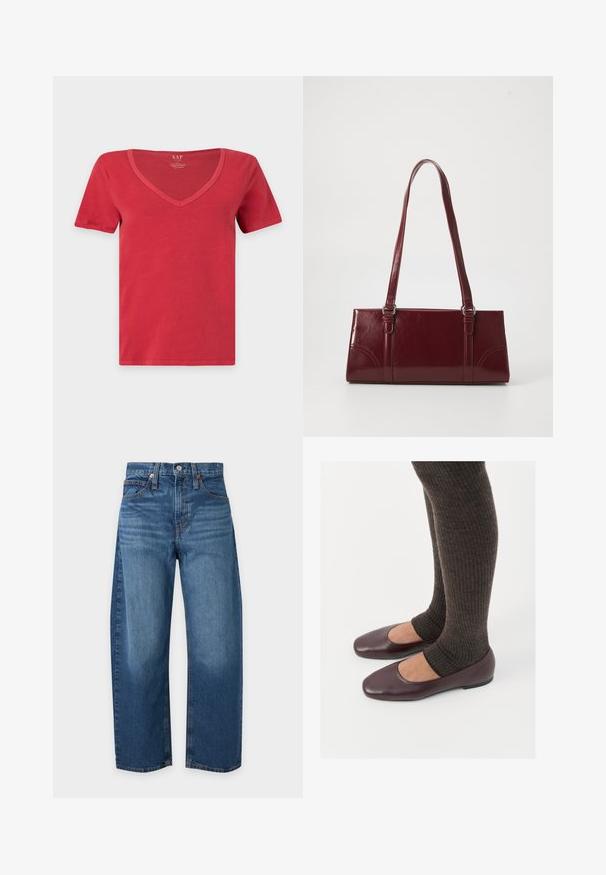T-shirt rouge à manches courtes avec encolure en V, design uni, sans motifs ni graphismes visibles, présenté sur fond blanc.; Jean bleu taille haute à jambes droites avec poches avant et arrière, fermeture par boutons et passants de ceinture sur fond clair.; Ballerines en cuir verni bourgogne à bout carré, accompagnées de chaussettes en tricot côtelé marron foncé atteignant le molet.; Sac à main bordeaux en matériau brillant, de forme rectangulaire, avec deux anses et des accents légèrement courbés à l'avant.