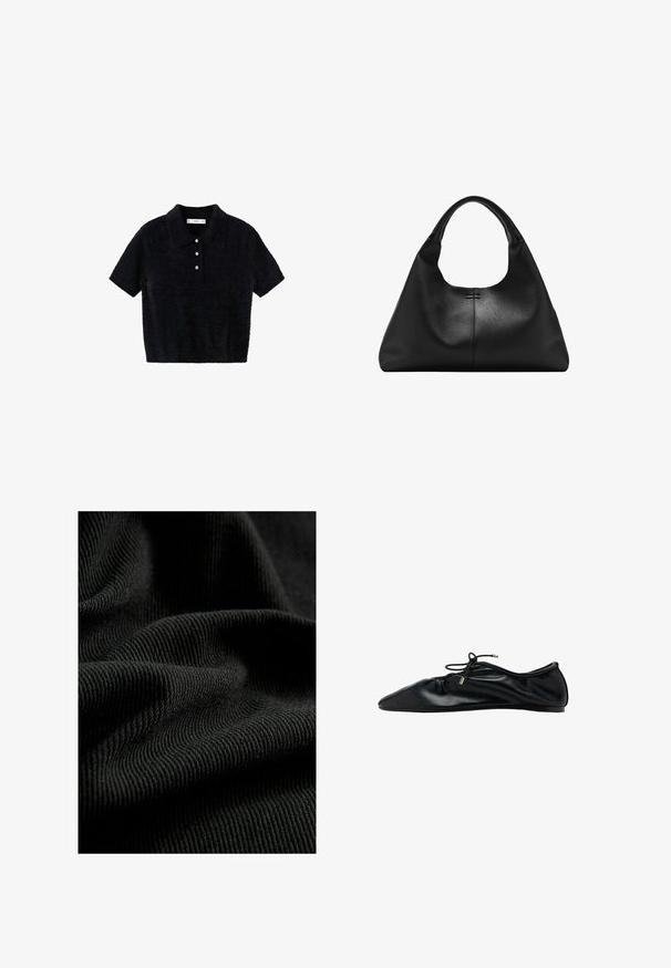 Sort kortærmet fuzzy polo shirt med tre hvide knapper og en klassisk krave, præsenteret på en hvid baggrund.; Sorte ribbet stof med en struktureret overflade, der fremhæver subtile folder og kurver. Materialet ser let og fleksibelt ud.; Sort ballerinasko i læder med samlet tå og snøre med metalender, minimalistisk og elegant set fra siden.; Sort textured læderhåndtaske med bred bund og tykke, afrundede håndtag, der har en central lodret søm og subtil syningsdetalje.
