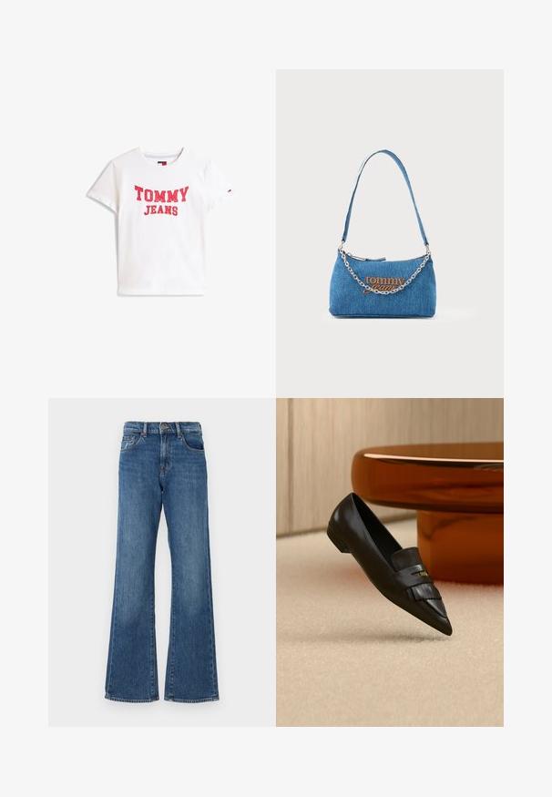 Hvid bomulds t-shirt med rød "TOMMY JEANS" tekst i fede bogstaver. Korte ærmer og rund halsudskæring med en lille logo accent på ærmet.; Blå denim flared jeans med høj talje, der har fem lommer og knaplukning. Stofmet har en let falmet finish.; Sort spids tå læder loafer med frynse detaljer, placeret på beige tæppe nær et rundt orange glasbord.; Lyseblå denim-håndtaske med en sølvkæde som rem, med orange "tommy jeans" broderi på forsiden og lynlås.
