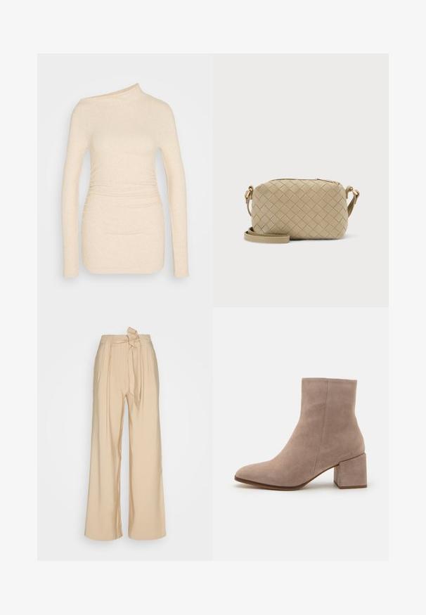 Beige langærmet top med en skulderdesign. Har tekstureret, strækbart stof med samlet detalje i taljen for en tætsiddende silhuet.; Beige viddebenede bukser i et glat stof, med en bundet taljedetalje og frontfolder for en struktureret form.; Beige ruskind ankelstøvle med spids tå og en chunky kvadratisk hæl. Overfladen er glat med en blød tekstur og minimal dekoration.; Beige rektangulær crossbody taske med flettet læderstruktur og justerbar rem på en lys baggrund.