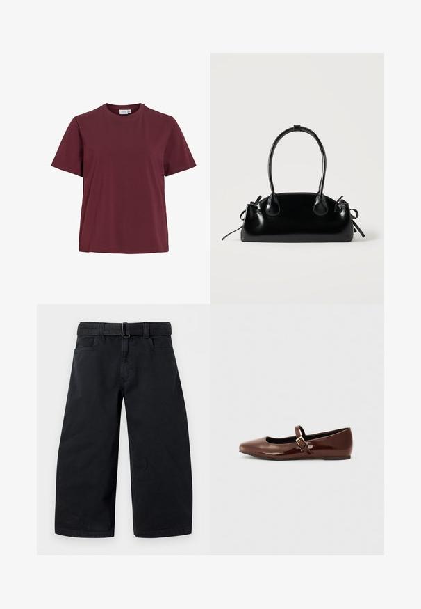 T-shirt uni à manches courtes et col rond dans une couleur bordeaux foncé, présenté sur fond blanc sans motifs ni logos.; Pantalon noir large et court avec passants de ceinture et poches avant sur fond uni.; Ballerine en cuir verni marron avec un bout carré et une lanière ornée d'une petite boucle dorée. Texture lisse, talon bas et design minimaliste.; Petit sac à main noir brillant avec deux longues anses et des détails à cordon sur les côtés sur un fond clair uni.