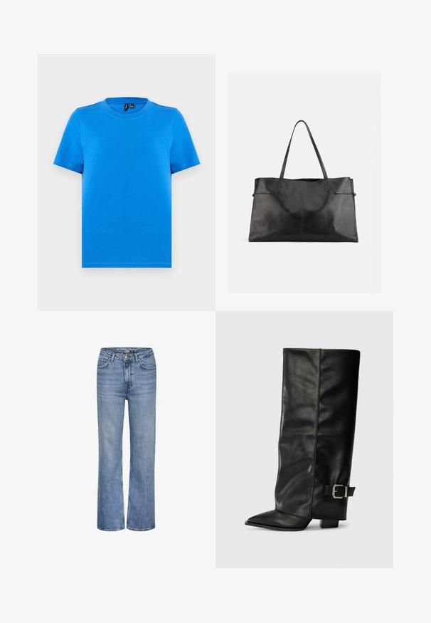 Camiseta de manga corta azul liso con cuello redondo y costuras visibles en el cuello, mostrada extendida sobre un fondo gris claro.; Jeans de mezclilla azul de tiro alto y pierna recta con cierre de botón en la parte delantera, cremallera y diseño de cinco bolsillos.; Botas de cuero negro hasta el tobillo con punta afilada, textura suave y un detalle de hebilla plateada en el lado. Tacón cuadrado grueso.; Gran bolso tote de cuero negro con dos correas finas para el hombro y un acabado liso sobre un fondo blanco liso.