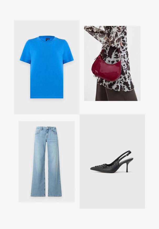 T-shirt bleu uni à manches courtes avec col rond et coutures visibles au col, présenté à plat sur un fond gris clair.; Jean en denim bleu clair taille haute avec jambes larges, bouton et fermeture éclair à l'avant, style classique cinq poches.; Escarpin en cuir noir à talon aiguille avec un bout pointu, une bride latérale à boucle, des clous le long du bord et un laçage décoratif à l'avant.; Femme portant un chemisier à motif noir et blanc tenant un sac à main rouge brillant sur un fond uni.
