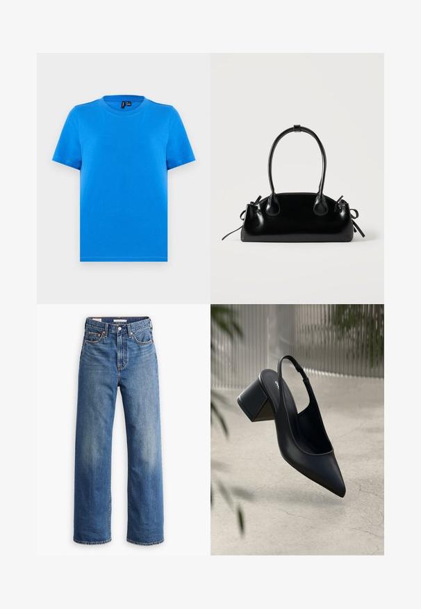 Camiseta de manga corta azul liso con cuello redondo y costuras visibles en el cuello, mostrada extendida sobre un fondo gris claro.; Vaqueros de mezclilla azul claro con cintura alta, diseño de pierna ancha, estilo clásico de cinco bolsillos y un sutil desgaste en la tela.; Zapato de tacón slingback de cuero negro con punta afilada y tacón cuadrado. Textura suave, diseño minimalista y correa ajustable en el tobillo.; Pequeño bolso negro brillante con dos asas largas y detalles de cordón lateral sobre un fondo claro liso.