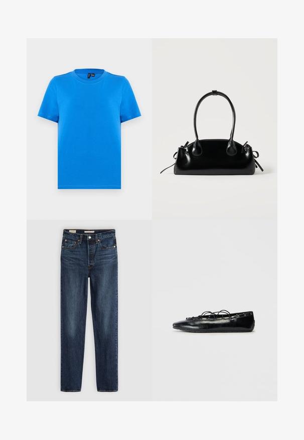 Effen blauwe korte mouw T-shirt met ronde hals en zichtbare kraagstiksels, plat uitgestald op een lichtgrijze achtergrond.; Diepblauwe rechte jeans met vijf zakken, knoop- en ritssluiting, en contrasterende stiksels.; Zwarte puntige platte schoen met vetersluiting en oogjes langs de randen, weergegeven op een witte achtergrond.; Kleine zwarte glanzende handtas met twee lange hengsels en zijkant trekkoord details op een effen lichte achtergrond.
