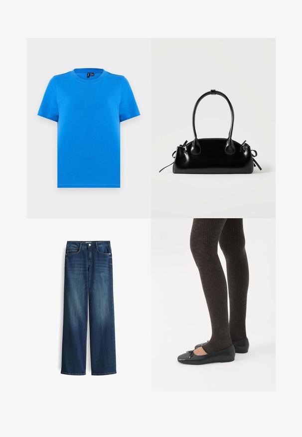 Effen blauwe korte mouw T-shirt met ronde hals en zichtbare kraagstiksels, plat uitgestald op een lichtgrijze achtergrond.; Wijduitlopende donkerblauwe denim jeans met een lichte vervaging, voorzien van vijf zakken en een metalen knoopsluiting bij de taille.; Benen met donkere geribbelde leggings gecombineerd met zwarte ballerina's met kleine strikdetails op een witte achtergrond.; Kleine zwarte glanzende handtas met twee lange hengsels en zijkant trekkoord details op een effen lichte achtergrond.