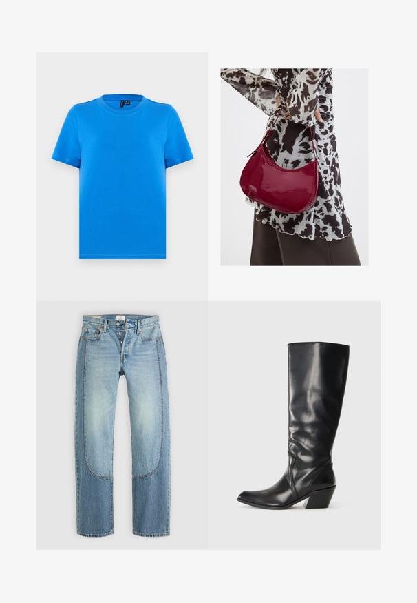 Enkelt blå kortærmet t-shirt med rund hals og synlige sømme ved kraven, lagt fladt på en lys grå baggrund.; Lyseblå denimjeans med en lige, løs pasform, der har kontrasterende paneldetaljer og en fem-lommer design. Knap-lukning.; Sorte læder knæhøje støvler med spids tå, vinklet hæl og glat tekstur. Funktioner en subtil syning langs siden.; Kvinde iført en sort- og hvidmønstret bluse, der holder en blank rød skuldertaske mod en ensfarvet baggrund.