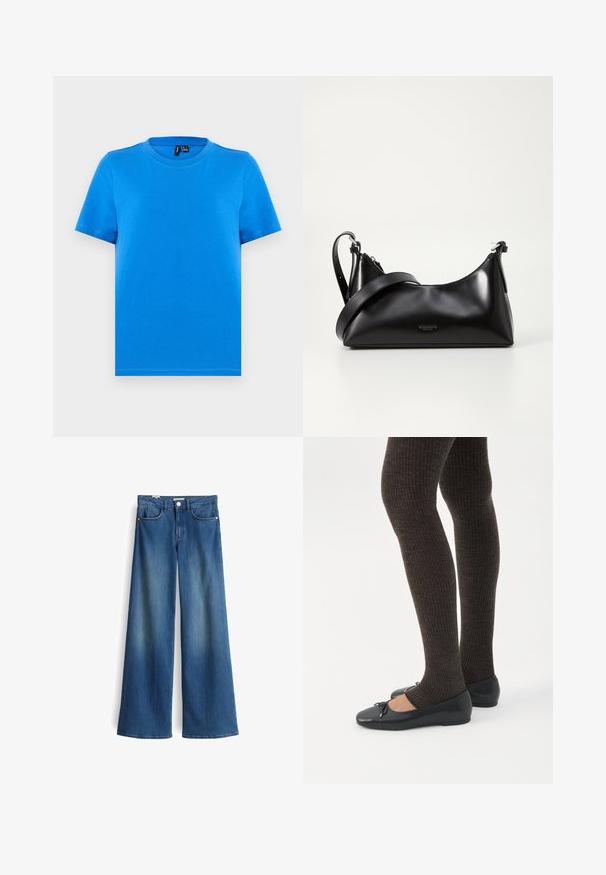 Schlichtes blaues T-Shirt mit kurzen Ärmeln und Rundhalsausschnitt, mit sichtbaren Kragennähten, flach auf einem hellgrauen Hintergrund dargestellt.; Weite Jeans aus Denim in Mittelblau mit glatter Textur. Verfügt über zwei Fronttaschen und einen klassischen Knopfverschluss in der Taille.; Beine in dunklen, gerippten Leggings kombiniert mit schwarzen Ballerinas mit kleinen Schleifendetails auf weißem Hintergrund.; Schwarze lederne Handtasche mit glatter Textur. Verfügt über einen verstellbaren Riemen und ein elegantes, minimalistisches Design mit einem Reißverschluss.