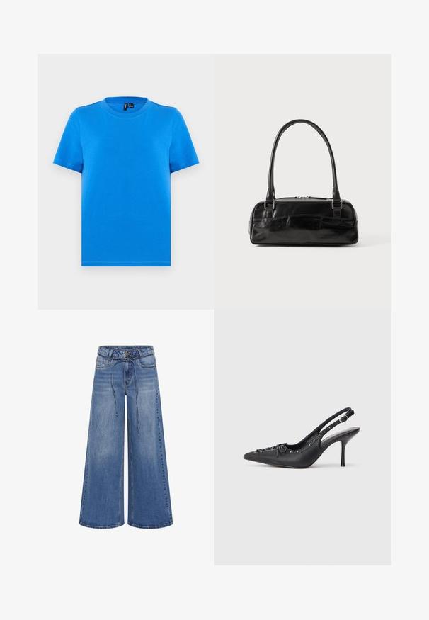 Effen blauwe korte mouw T-shirt met ronde hals en zichtbare kraagstiksels, plat uitgestald op een lichtgrijze achtergrond.; My Essential Wardrobe MWKARO 144 MID XWIDE - Wide leg - medium blue wash; Zwarte leren slingback stiletto met spitse neus, zijgesp met gesp, studs langs de rand en decoratieve veters aan de voorkant.; Zwarte leren handtas met een rechthoekige vorm, voorzien van een enkele gestructureerde handgreep, zilveren hardware en ritsluiting. Gladde textuur.