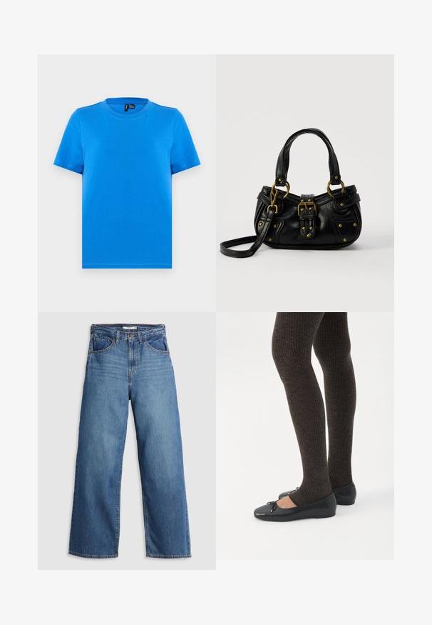 Camiseta de manga corta azul liso con cuello redondo y costuras visibles en el cuello, mostrada extendida sobre un fondo gris claro.; Jeans de mezclilla azul de pierna ancha con cintura alta, que cuentan con cinco bolsillos, costuras en contraste y cierre de cremallera.; Piernas con leggings oscuros acanalados combinados con bailarinas negras que presentan pequeños detalles de lazo sobre un fondo blanco.; Bolso de cuero negro con hebilla y detalles de remaches dorados, asas cortas y una correa de hombro ajustable sobre un fondo blanco liso.