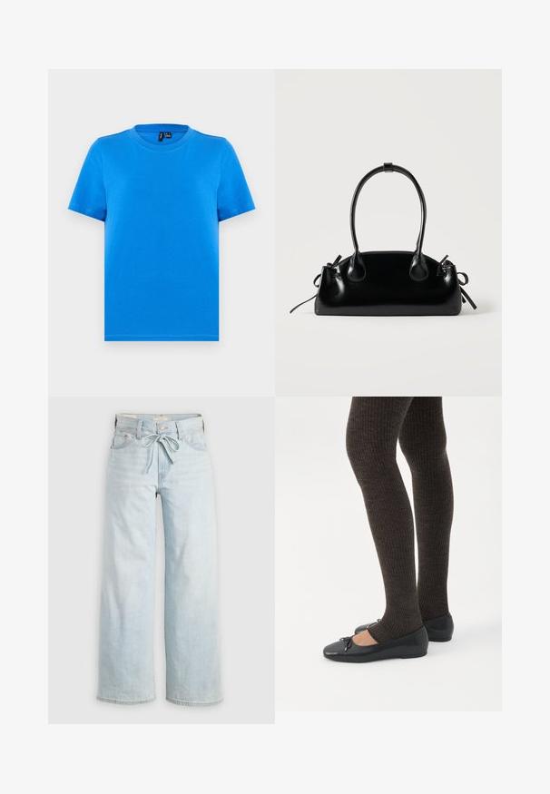 Schlichtes blaues T-Shirt mit kurzen Ärmeln und Rundhalsausschnitt, mit sichtbaren Kragennähten, flach auf einem hellgrauen Hintergrund dargestellt.; Helleblaue, weit geschnittene Jeans mit einer Bindeschlaufe, klassischem Fünf-Taschen-Design und subtilen Auswaschungen an den Beinen. Aus Denim-Material.; Beine in dunklen, gerippten Leggings kombiniert mit schwarzen Ballerinas mit kleinen Schleifendetails auf weißem Hintergrund.; Kleine schwarze glänzende Handtasche mit zwei langen Griffen und seitlichen Kordelzug-Details vor einfachem hellem Hintergrund.