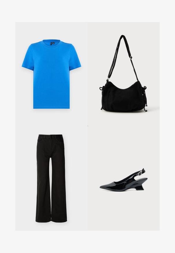 T-shirt bleu uni à manches courtes avec col rond et coutures visibles au col, présenté à plat sur un fond gris clair.; Jean denim noir à taille haute et jambes larges, avec fermeture à bouton et fermeture éclair à l'avant, poches avant et arrière, présenté sur fond blanc.; Chaussure slingback en cuir verni noir avec bout pointu et petit talon bloc incliné sur fond clair uni.; Sac à épaule en velours côtelé noir avec une forme courbée, bandoulière réglable et fermetures à cordon des deux côtés pour un ajustement de taille.