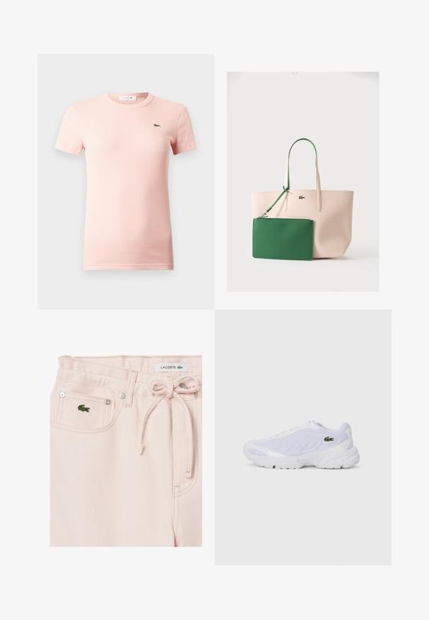 Hellrosa geripptes T-Shirt mit kurzen Ärmeln, Rundhalsausschnitt und kleinem grünem Lacoste-Krokodil-Logo auf der linken Brustseite.; Helle rosafarbene Denim-Shorts mit Kordelzugbund, silberner Hardware und kleinem grünen Lacoste-Krokodil-Logo auf der Vorderseite der Tasche.; Weiße Sportschuhe mit Netzobermaterial, strukturiertem Design und gepolstertem Kragen. Merkmale sind ein grünes Logo an der Seite und eine gepolsterte Sohle für Komfort.; Beige Tragetasche mit langen Griffen und einem kleinen abnehmbaren grünen Reißverschlussbeutel, der an einem Griff befestigt ist, auf schlichtem Hintergrund dargestellt.