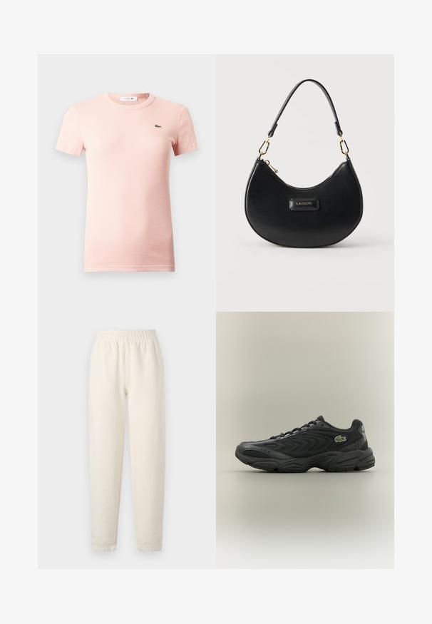 Lyserød ribbet T-shirt med korte ærmer, rund halsudskæring og et lille grønt Lacoste-krokodillelogo på venstre bryst.; Cremefarvede sweatpants lavet af blødt stof. Har en elastisk talje og tapered ben design med subtile stikningsdetaljer.; Sort træningssko med en struktureret overdel, bølget design og polstret krave. Har en gummisål og et lille grønt logo på siden.; Sort halvmåneformet håndtaske med guldfarvet hardware, lynlåslukning på toppen, kort rem og „LACOSTE“ logo-plakette centreret på fronten.