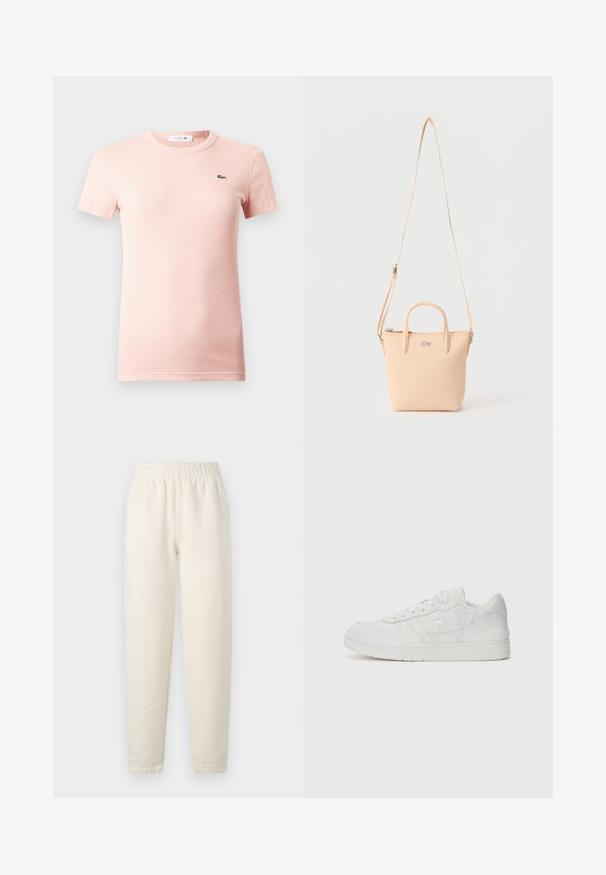 Vaaleanpunainen ribbineulottu lyhythihainen T-paita pyöreällä pääntiellä ja pienellä vihreällä Lacoste-krokotiililogolla vasemmassa rinnassa.; Housut vaalean kermanväristä pehmeää kangasta. Niissä on joustava vyötärönauha ja kapeneva lahjesuunnittelu, jossa on hienovaraisia ompeluyksityiskohtia.; Lacoste T CLIP 125 - Matalavartiset tennarit - white; Beige pieni käsilaukku, jossa on kaksi lyhyttä kahvaa, pitkä säädettävä olkahihna ja etupuolella krokotiilin logo.
