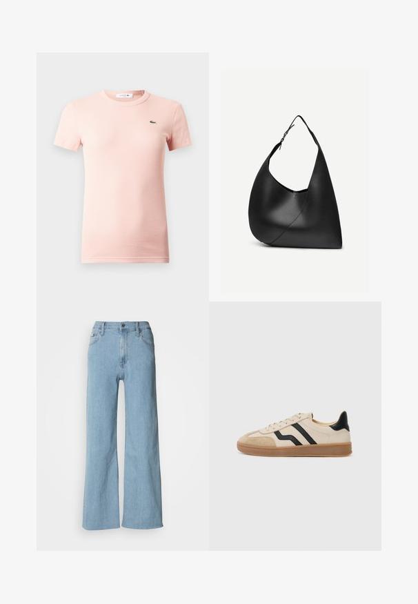 Lyserød ribbet T-shirt med korte ærmer, rund halsudskæring og et lille grønt Lacoste-krokodillelogo på venstre bryst.; Lyseblå vidde jeans lavet af denim, med en tætsiddende talje, fem-lomme design og subtile syningsdetaljer.; Beige sneaker med sorte striber, ruskindspidser og hæle, struktureret gummisål og flade snørebånd. Minimalistisk design og neutrale farver.; Sort læder skuldertaske med buet trekantet form, enkelt justerbart rem og synlig diagonal søm foran.
