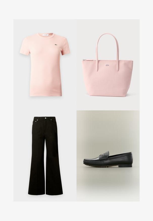 T-shirt à manches courtes côtelé rose clair avec un col rond et un petit logo crocodile vert Lacoste sur le côté gauche de la poitrine.; Jean noir taille haute à jambes larges avec bouton et fermeture éclair à l'avant, passants pour ceinture et cinq poches dont une petite poche pour pièces.; Mocassin en cuir noir avec couture mocassin, talon bas et détail en métal doré sur la bride, montré de profil sur fond beige.; Sac cabas rose clair avec deux longues anses, fermeture zippée, et un petit logo crocodile argenté au centre devant.