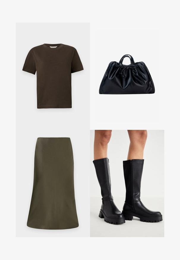 T-shirt en coton marron foncé avec un col rond, des manches courtes et une coupe décontractée. Design simple sans motifs ni accents visibles.; Jupe midi vert olive avec une texture lisse, en forme évasée, et une taille élastique. Design minimaliste sans motifs ni accents visibles.; Cuissardes noires en simili cuir lisse avec une semelle épaisse, fermeture éclair sur le côté et bout arrondi.; Sac à main en cuir noir avec haut froncé, petites poignées doubles et fermeture par cordon noué au centre devant sur fond blanc.