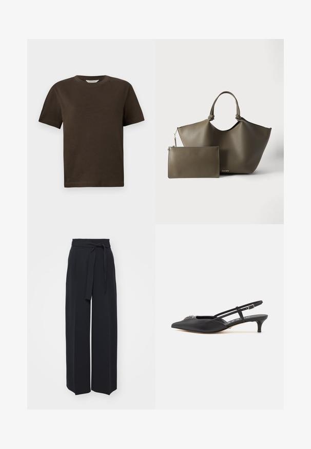 Tummanruskea puuvillainen t-paita, jossa on pyöreä kaula-aukko, lyhyet hihat ja rento fit. Yksinkertainen muotoilu ilman näkyviä kuvioita tai yksityiskohtia.; Leveled black trousers made of soft fabric. Features a belted waistband and front pleats. Smooth texture with a clean, contemporary design.; Mustat slingback-kengät, joissa on terävä kärki, valmistettu sileästä materiaalista, pieni korko ja koristeellinen hopeinen yksityiskohta kengän päällä.; Iso oliivinvihreä käsilaukku, jossa kaksi kahvaa ja siihen sopiva irrotettava vetoketjullinen pussukka, molemmat sileää nahkaa, vaaleaa taustaa vasten.