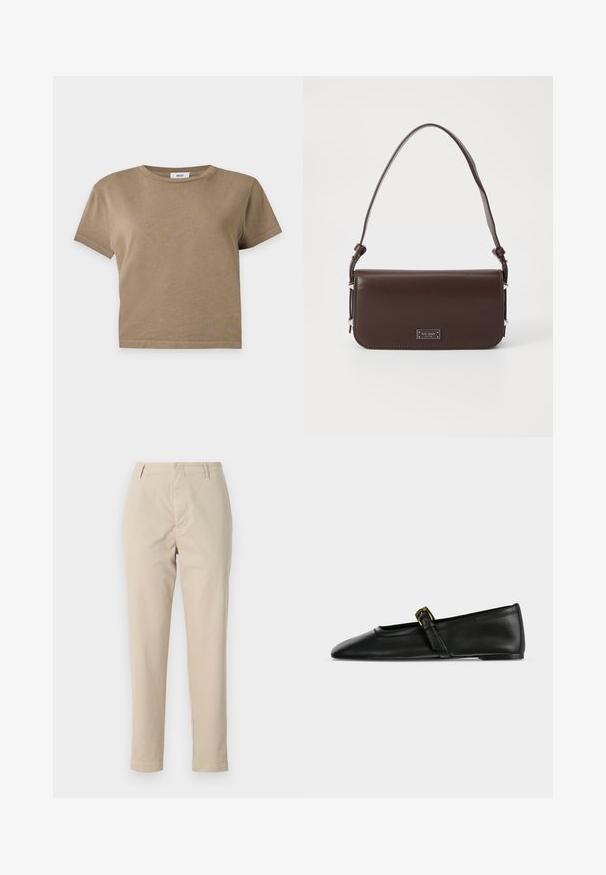 Effen bruine korte mouwen cropped t-shirt met ronde hals op een lichtgrijze achtergrond.; Beige katoenen broeken met een rechte pasvorm, riemlussen en een ritsgulp. De stof heeft een gladde textuur en vertoont geen zichtbare patronen of accenten.; Zwarte leren Mary Jane platte schoen met een spitse neus en een dun bandje met een kleine gouden gesp, van opzij getoond op een effen achtergrond.; Bruine leren handtas met een platte vormgeving, verstelbare schouderband en hardware in zilverkleur. Voorzien van een logo plaat aan de voorkant.