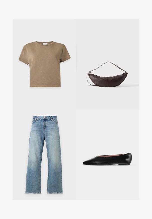 T-shirt court marron uni à manches courtes avec col rond sur fond gris clair.; Jean droit bleu clair avec un lavage délavé et un design classique à cinq poches, bouton à l'avant et passants de ceinture.; Chaussure plate en cuir noir pour femme, avec bout pointu et petit talon, vue de côté sur un fond gris clair uni.; Sac d'épaule en cuir marron foncé en forme de croissant avec une lanière courbée et des coutures visibles sur fond uni.