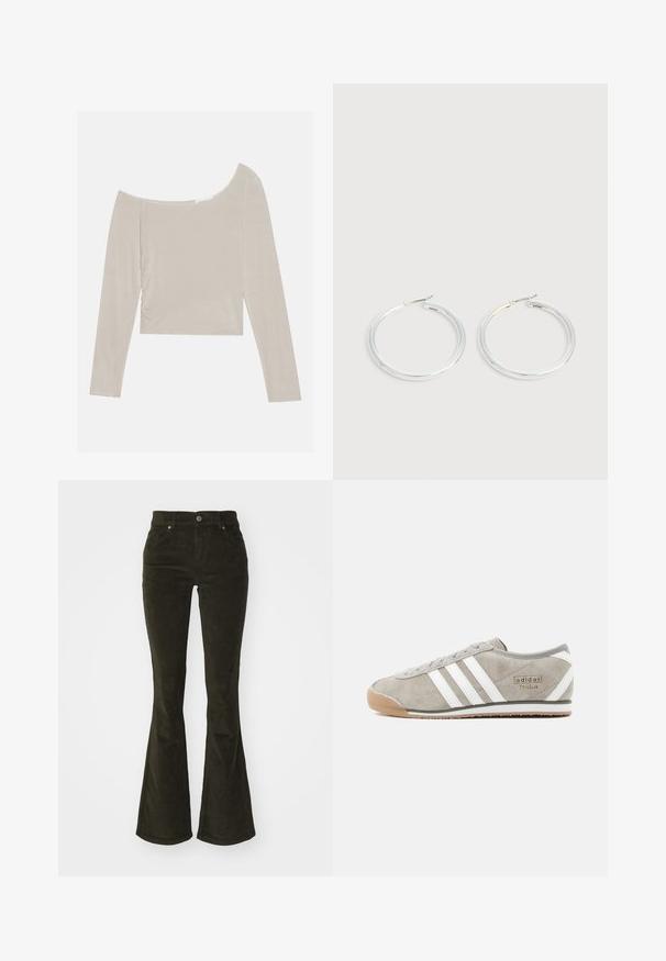 Lys beige langærmet top med off-the-shoulder halsudskæring, rynkede detaljer på siden og en blød, glat tekstur.; Bredde corduroy bukser i mørkegrøn. Har for- lommer, knaplukning og et blødt, struktureret stof med ribbet mønster.; Grå ruskindssneaker med tre hvide striber, rundet snude, sål i gummigummi og lille mærkedetalje på siden.; Par skinnende sølvøreringe med tynde trådlåse, vist på en lys grå baggrund.