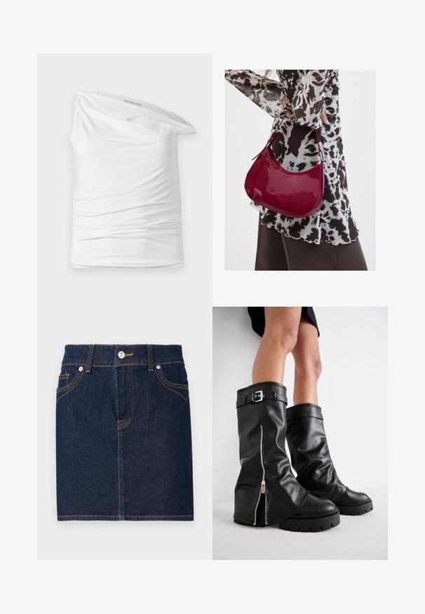 Witte top met één schouder van zacht, rekbaar materiaal met rimpelingen aan de zijkant. Heeft een casual, gedrapeerd ontwerp en een label in de halslijn.; Donkerblauwe denim rok met zichtbare stiksels, vijf zakken en een knoopsluiting aan de voorkant. Rechte snit met een schone zoomlijn.; Zwarte leren kniehoge laarzen met een brede schacht, voorzien van een zijrits en een gespaccent, met een gestructureerde afwerking en een chunky rubberen zool.; Vrouw met een zwart-wit gebloemde blouse houdt een glanzende rode schoudertas vast tegen een effen achtergrond.