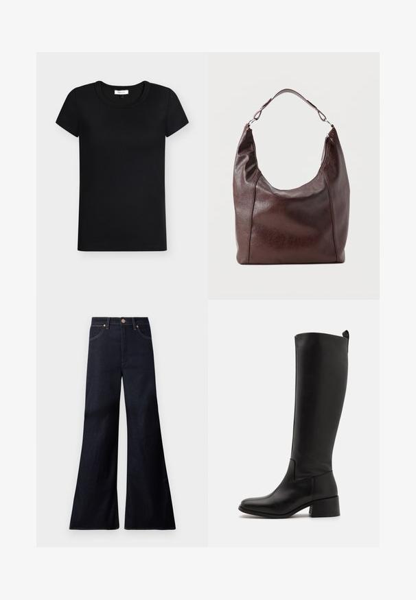 Schwarzes T-Shirt mit kurzen Ärmeln in tailliertem Design, aus weichem, geripptem Stoff, mit rundem Ausschnitt und ohne sichtbare Akzente oder Muster.; Dunkel indigoblaue High-Waist Jeans mit weitem ausgestelltem Bein, vorderem Knopf, Reißverschluss und zwei vorderen Taschen mit Kupfernieten.; Schwarze kniehohe Stiefel aus glattem Leder mit Blockabsatz, runder Spitze und einem eleganten, schlichten Design.; Dunkelbraune Leder-Schultertasche mit einem einzelnen verstellbaren Riemen, einer leicht gebogenen Oberseite und einem Reißverschluss an einer Seite.