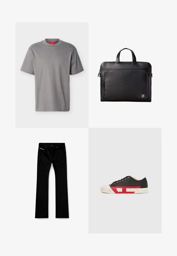 Camiseta gris de manga corta con cuello redondo y un sutil logo "HUGO" centrado en el pecho, además de una etiqueta de la marca roja en el interior del cuello.; Jeans negros de pierna recta con botón y cremallera frontal, bolsillos delanteros y traseros, y una etiqueta blanca visible en el bolsillo delantero derecho.; Zapatilla deportiva de lona negra con detalles en rojo, puntera de goma y suela blanca. Cuenta con cordones negros y un diseño texturizado en el lateral.; Maletín de cuero negro texturizado con bolsillo frontal con cremallera y asas dobles, con un pequeño logo de Calvin Klein en la esquina inferior.