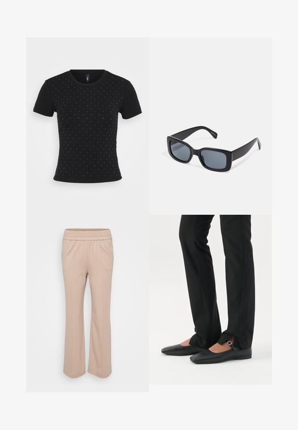 Schwarzes kurzärmliges T-Shirt aus Rippstoff, das auf der Vorderseite verstreute Strassakzente für zusätzliche Details aufweist.; Helle beige, elastische Bundhose mit lockerer Passform. Verfügt über vertikale Nähte und einen weichen, glatten Stoff. Schlaghosen-Design.; Beine in schwarzen schmalen Hosen mit vorderen Schlitzen am Saum, kombiniert mit schwarzen flachen Mary-Jane-Schuhen mit kleinem Schnallenriemen.; Schwarze rechteckige Sonnenbrille mit dunkel getönten Gläsern, dickem Kunstrahmen und breiten Bügeln. Glatte Oberfläche und kantiges Design.