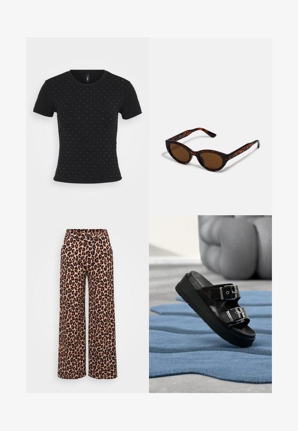 Sort kortærmet T-shirt lavet af ribbet stof med spredte rhinsten accenter på forsiden for ekstra detaljer.; Even&Odd Petite P-EO-AW21-A-003-SP / PETITE_TAILORED WIDE LEG TROUSERS - Bukser - brown; Sort slidesandal med to sølvspænder, platårsål, placeret på tekstureret blåt tæppe med slørede beige møbler i baggrunden.; Brune skildpadde solbriller med en vintage katteøje-form og brune linser. Har buede arme med røde detaljer.