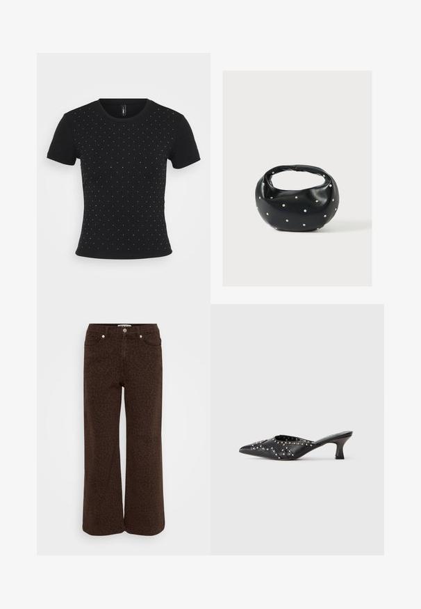 Schwarzes kurzärmliges T-Shirt aus Rippstoff, das auf der Vorderseite verstreute Strassakzente für zusätzliche Details aufweist.; Braune weite Jeans mit einem dezenten Leopardenmuster. Aus Denim gefertigt, mit einem Fünf-Taschen-Design und einer Metallknopfverschluss.; Schwarze Leder-Mules mit spitzem Schnitt, verziert mit gestuften dekorativen Mustern und einem kurzen, schrägen Kitten-Heel.; Schwarze Lederhandtasche mit abgerundeter Form, verziert mit silbernen Nietenakzenten und kurzem Griff. Glatte Struktur und Reißverschlussverschluss.