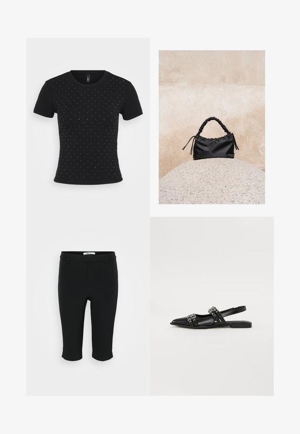 T-shirt noir à manches courtes en tissu côtelé, orné de strass dispersés sur le devant pour un détail supplémentaire.; Pantalons capri noirs en tissu lisse. Dotés d'un devant plat avec passants de ceinture et d'un ourlet coupé. Design simple sans motifs visibles.; Even&Odd by Zalando Ballerines à brides arrière - black; Sac à main noir froncé avec une poignée froncée, posé sur une sphère en pierre texturée devant un mur en béton beige.