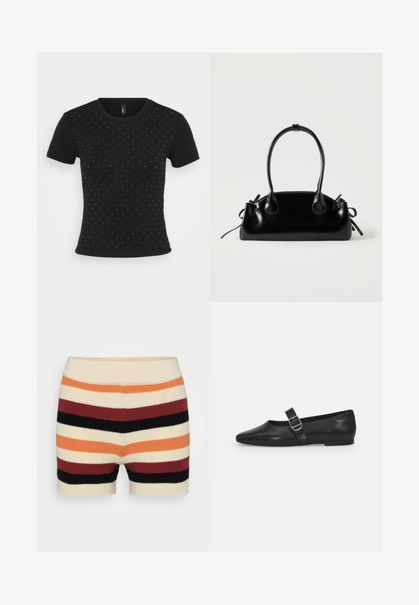 T-shirt noir à manches courtes en tissu côtelé, orné de strass dispersés sur le devant pour un détail supplémentaire.; Shorts en tricot avec des rayures horizontales en crème, orange, rouge, noir et bordeaux, avec une texture douce et une taille ajustée.; Chaussure plate en cuir noir avec un bout arrondi, une seule sangle réglable à boucle et une texture lisse et brillante. Design minimaliste avec un petit talon.; Petit sac à main noir brillant avec deux longues anses et des détails à cordon sur les côtés sur un fond clair uni.