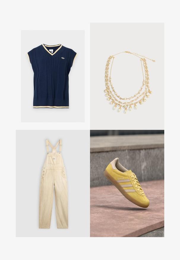 Tumesinine varrukateta kudumvest V-kaelusega, kaelusel, varrukatel ja äärel kreemikas ääris ning väikese Adidas logo vasakul rinnal.; Helebeige denimist valmistatud üldriided, millel on ruudukujuline tasku, reguleeritavad rihmad, külgedel nööbid ja laiad sääred.; Kollase sametnööridega toss, ümarate varbatsite, eespaela kinnitus ja kolme beeži triibuga küljel. Omab kontrastset beeži kontsa ja pehmet sisemust.; Kullatooni kihiline kaelakee, millel on mitu rida väikseid ja suuri valgeid pärle valgel taustal.