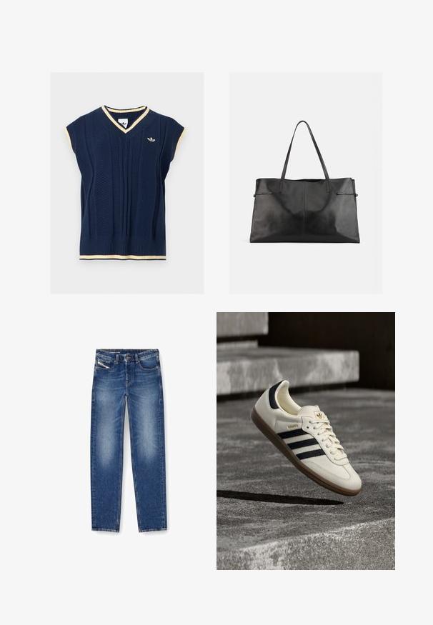 Veste sans manches en maille bleu marine avec col en V, bordure crème au niveau du col, des manches et de l’ourlet, et petit logo Adidas sur la poitrine gauche.; Jean en denim bleu moyen avec une finition délavée. Comprend cinq poches, des passants de ceinture et une coupe droite. Les accents de broderie sont visibles.; Baskets blanches Adidas Samba avec des bandes noires et une semelle en gomme, flottant au-dessus de marches en béton gris texturé.; Grand sac cabas en cuir noir avec deux fines bretelles et une finition lisse sur un fond blanc uni.