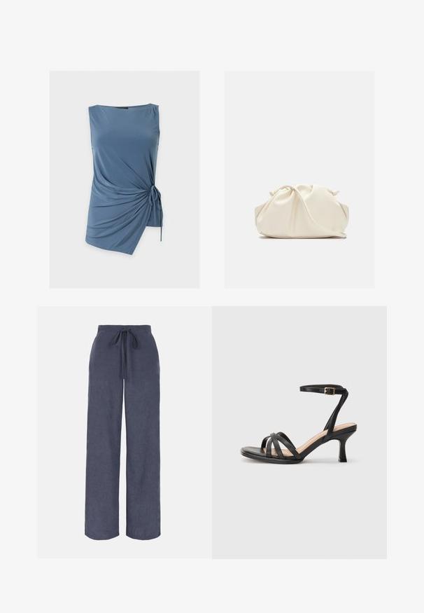 Haut bleu sans manches avec encolure ronde et détail noué sur le côté créant un tissu froncé et drapé d'un côté.; Pantalon bleu marine à jambes larges avec ceinture élastique et cordon à l'avant, en tissu doux et texturé.; Sandales à talons noirs avec plusieurs fines lanières sur le bout, une seule lanière à la cheville avec une boucle dorée, et un bout carré.; Pochette en cuir souple couleur crème avec un design froncé et une fine bandoulière reposant à l’avant sur un fond uni.