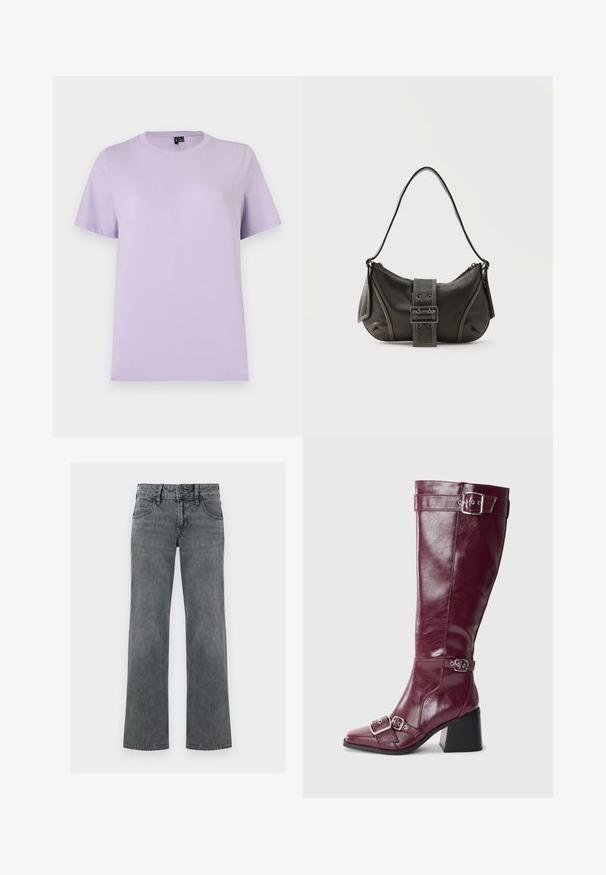 Enkelt lavendel farvet kortærmet bomulds t-shirt med rund halsudskæring, vist fladt mod en hvid baggrund.; Grå denimjeans med lige ben, lynlås og knap foran samt fem-lomme-design, vist mod en hvid baggrund.; Burgundy læderknæhøje støvler med spidse tæer, sølvspænder og blokhæl. Har en glat, skinnende overflade.; Sort læder skuldertaske med spænde på remmen, afrundede kanter og kontrasterende hvide syninger på en ensfarvet baggrund.