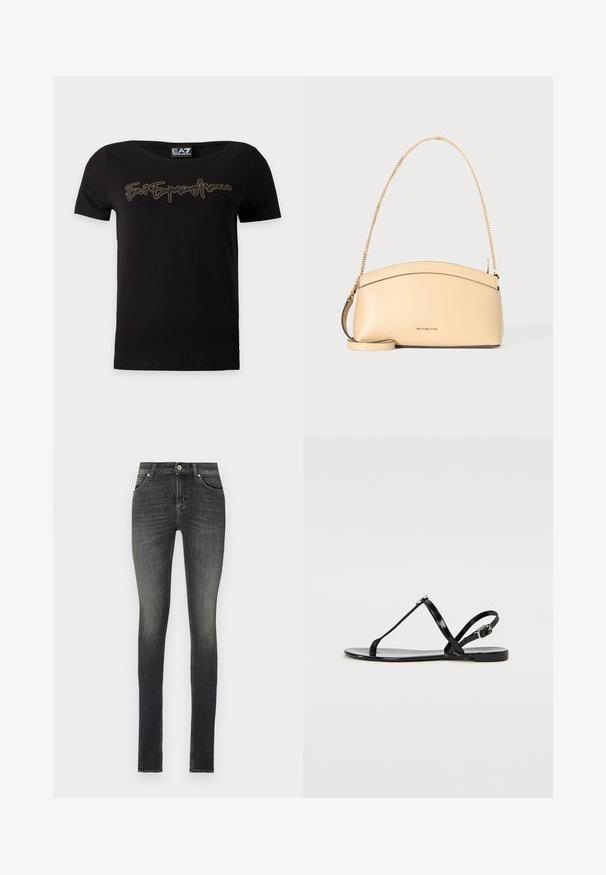Sort t-shirt med korte ærmer og guldprikket kursiv tekst "Ea7 Emporio Armani" hen over brystet samt et EA7 mærke ved halsudskæringen.; Stramme jeans i mørkegrå denim med en mellem-højde talje, forlommer og diskrete fading effekter for et struktureret udseende.; Sorte flade sandaler med en glansfuld lakfinish, tynde stropper og lukning med spænde på siden. Har et minimalistisk design og glat tekstur.; Beige læder skuldertaske fra Michael Kors med buet top, guld kædestrop og lille frontlogo.