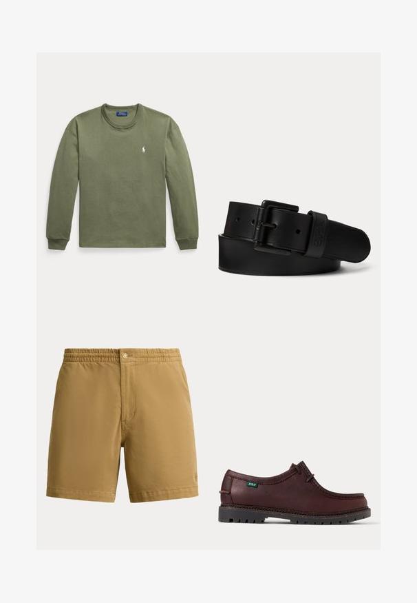 Dugorukava majica u maslinasto zelenoj boji s okruglim izrezom, s malim bijelim logotipom Polo Ralph Lauren na lijevoj strani prsa i rebrastim manšetama.; Muške kratke hlače boje tamnobež s elastičnim pojasom i kopčanjem na gumb, jednostavnog dizajna, duljine do sredine bedra, od glatkog tkanog materijala.; Tamnopravnati mokasinski kožni cipela s crnim robusnim potplatom i zelenom oznakom Polo logotipa sa strane, prikazana iz bočnog kuta.; Crni kožni remen s crnom pravokutnom kopčom i utisnutim logotipom na omči remena, smotan na jednobojnoj svijetloj pozadini.