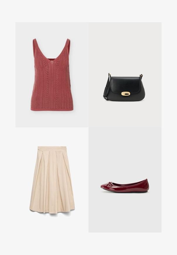 Débardeur tricoté sans manches en rose poudré avec un col en V et des détails ajourés verticaux à motif.; Jupe midi beige avec taille haute et plis devant, silhouette évasée et tissu lisse.; Ballerines en vernis bordeaux brillant, avec un bout arrondi et un petit nœud sur le devant. Texture lisse, petit talon.; Sac à bandoulière en cuir noir avec un design à rabat, fermoir ovale doré et bandoulière ajustable. Texture lisse et style minimaliste.