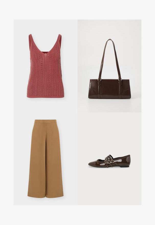 Débardeur tricoté sans manches en rose poudré avec un col en V et des détails ajourés verticaux à motif.; Pantalon court taille haute, coupe large, couleur camel avec un devant plat et une ceinture lisse, présenté sur fond blanc.; Chaussure plate en cuir verni marron avec bout pointu et trois brides ajustables à boucle sur le côté, vue du profil extérieur.; Sac à main en cuir verni marron de forme rectangulaire, avec deux longues poignées et des accents courbés subtils à l'avant.