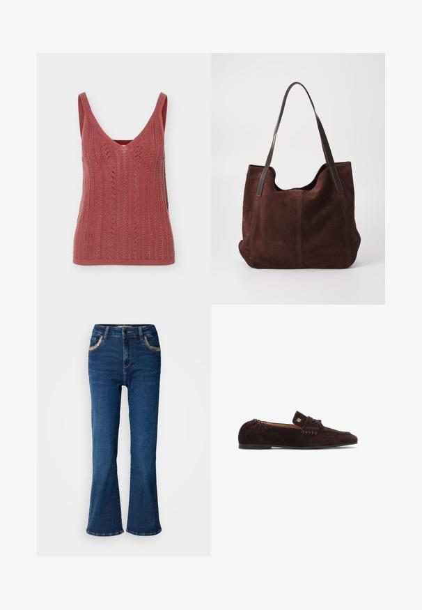 Mouwloos gebreid tanktopje in stoffig roze met een V-hals en patroon van verticale oogjes.; Donkerblauwe uitlopende jeans met een gladde denimtextuur, contrasterende gouden stiksels en voorzakaccenten. Klassiek vijf-pocketontwerp.; Donkerbruine suède loafer met lage platte zool, franjes, strikdetail en klein gouden logo aan de bovenzijde.; Bruine suede totebag met twee donkere leren schouderbanden. Zachte textuur, ronde bovenkant en een ruime binnenkant. Geen zichtbare hardware of versieringen.